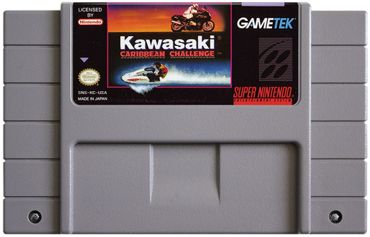 Kawasaki Caribbean Challenge Super Nintendo Entertainment System SNES racing video game featuring off-road motorcycle racing tropical Caribbean environments challenging courses high-speed driving jumps sharp turns and classic Super Nintendo Entertainment System SNES gameplay collectible retro gaming appeal cartridge