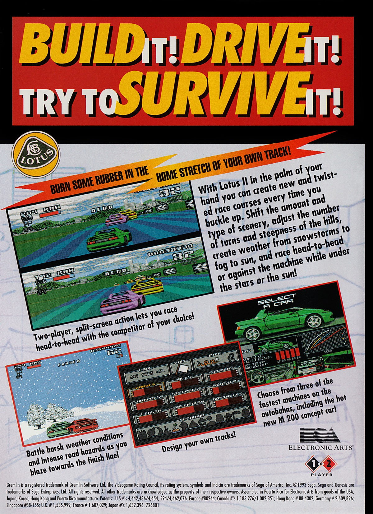Lotus II for Sega Genesis, back of case for a racing video game with high-speed driving, arcade-style road racing, exotic sports cars, and classic competitive gameplay