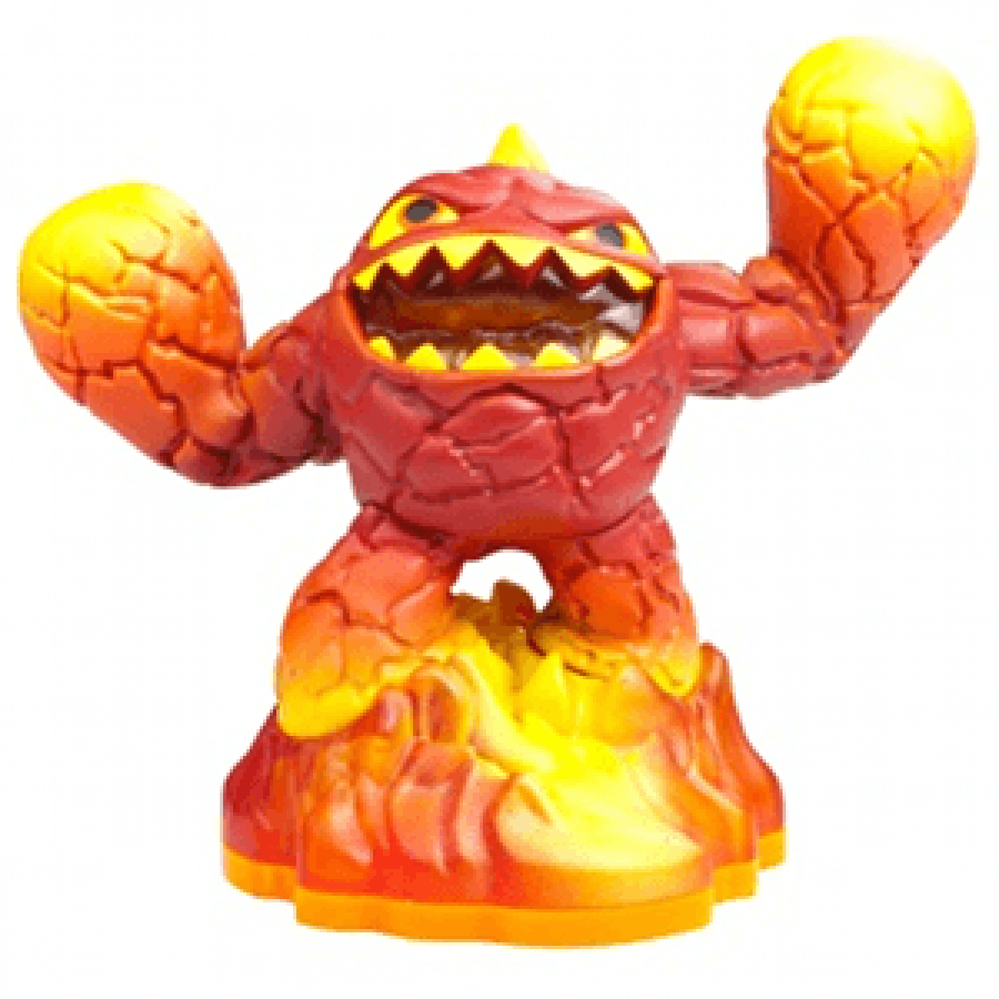 LightCore Eruptor Skylanders Giants figure, lava monster with glowing illuminated core, molten rock body and erupting volcano head, bright orange magma details, detailed collectible toy on portal base from Skylanders Giants series