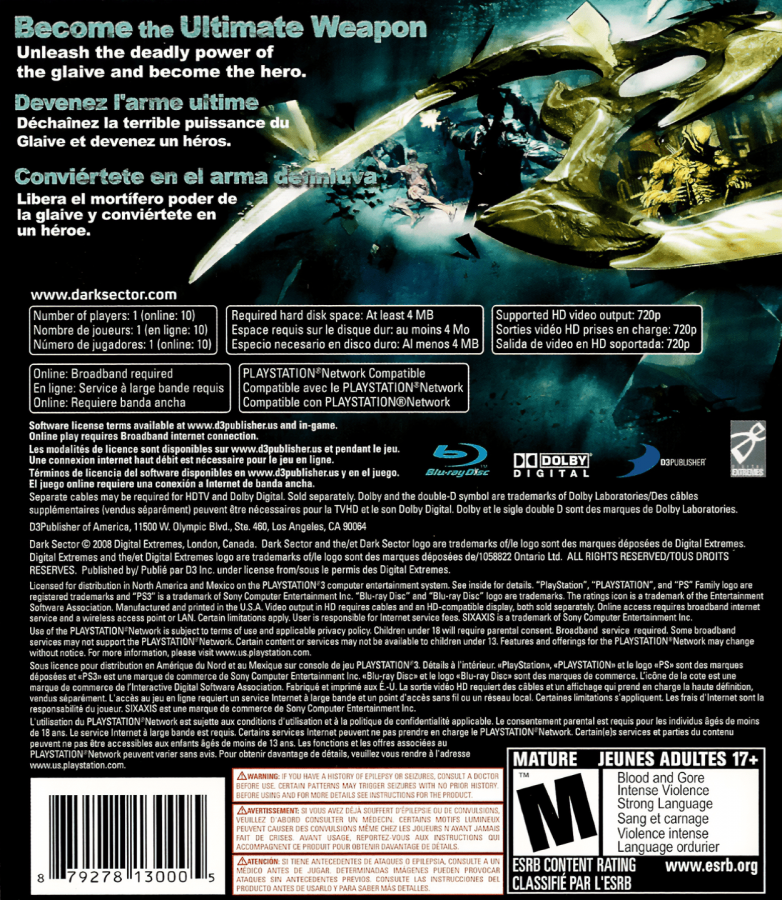 Dark Sector back cover art for PlayStation 3 (PS3) video game