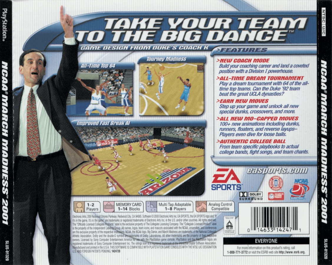 NCAA March Madness 2001 back of case for PlayStation 1 (PS1) retro basketball video game