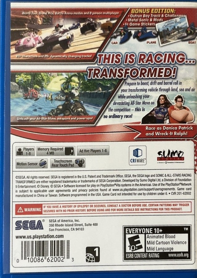 Sonic & All-Stars Racing Transformed PlayStation Vita video game, arcade racing action, transforming vehicles, multiplayer gameplay, handheld console title back cover