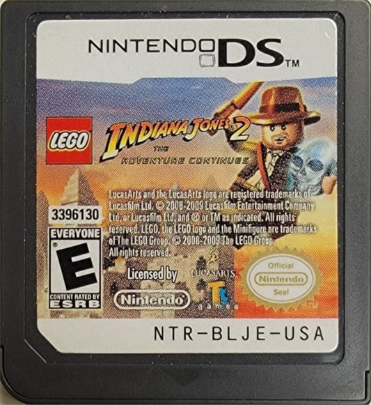 LEGO Indiana Jones 2: The Adventure Continues cartridge art for Nintendo DS video game, action adventure, LEGO-style gameplay, movie tie-in, handheld console title