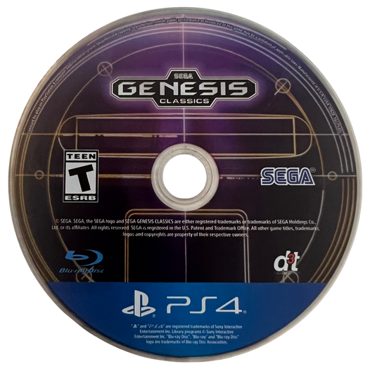 Sega Genesis Classics for PlayStation 4, disc for a retro game collection video game with classic Sega titles, arcade action, platforming, multiplayer favorites, and nostalgic gameplay