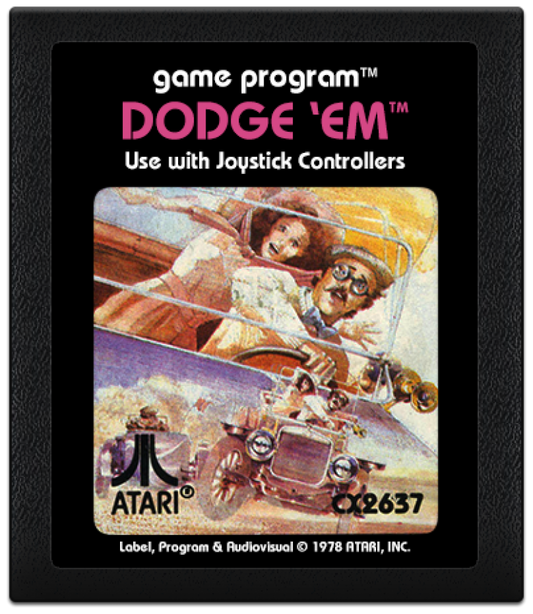 Dodge Em text label cartridge art for Atari 2600 video game