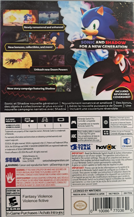 Sonic X Shadow Generations Nintendo Switch inspired design featuring high speed platform adventure aesthetic iconic Sonic and Shadow gameplay thrilling time spanning stages fast paced action vibrant worlds enhanced visuals and legendary Sega character excitement presentation back cover