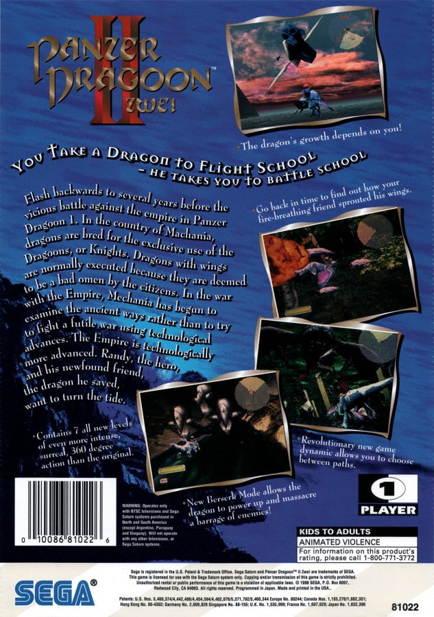 Panzer Dragoon II Zwei Sega Saturn rail shooter fantasy sci fi dragon riding combat cinematic aerial battles lock on targeting Sega atmospheric storytelling prequel to Panzer Dragoon retro gaming Sega Saturn software video game title back cover art
