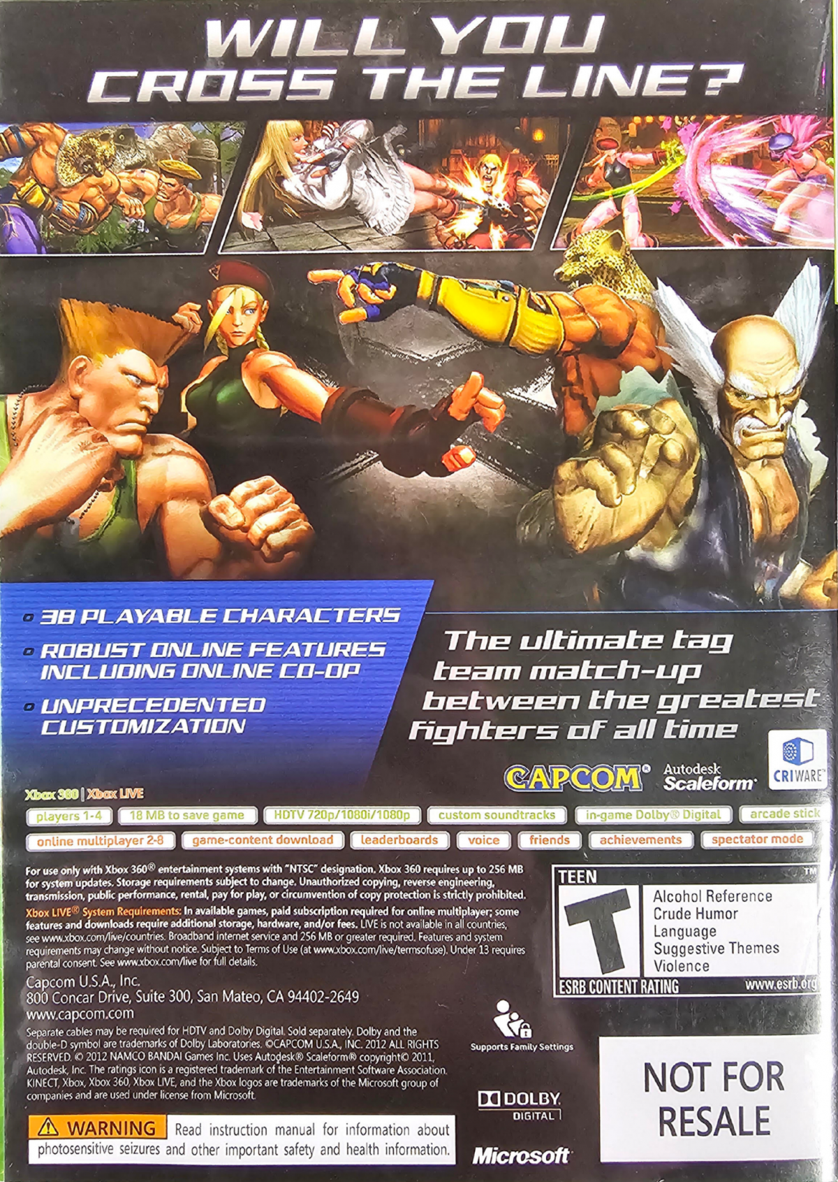 Street Fighter X Tekken Special Edition Xbox 360 X360 for fighting video game fans featuring Street Fighter and Tekken characters crossover battles Ryu Ken Chun Li Kazuya Jin intense 2D combat tag team matches special moves combos and competitive multiplayer gameplay collectible gaming appeal back cover art