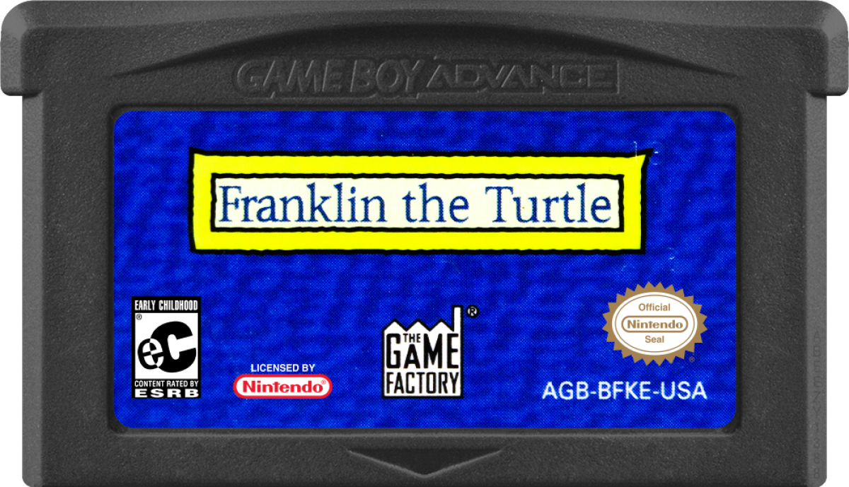Game cartridge for 'Franklin the Turtle' on Game Boy Advance with branding and certification logos.