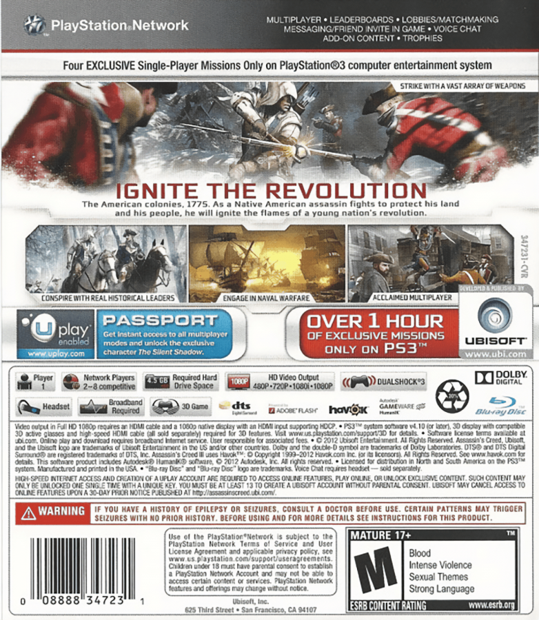 Assassin's Creed III back cover art for PlayStation 3 (PS3) video game