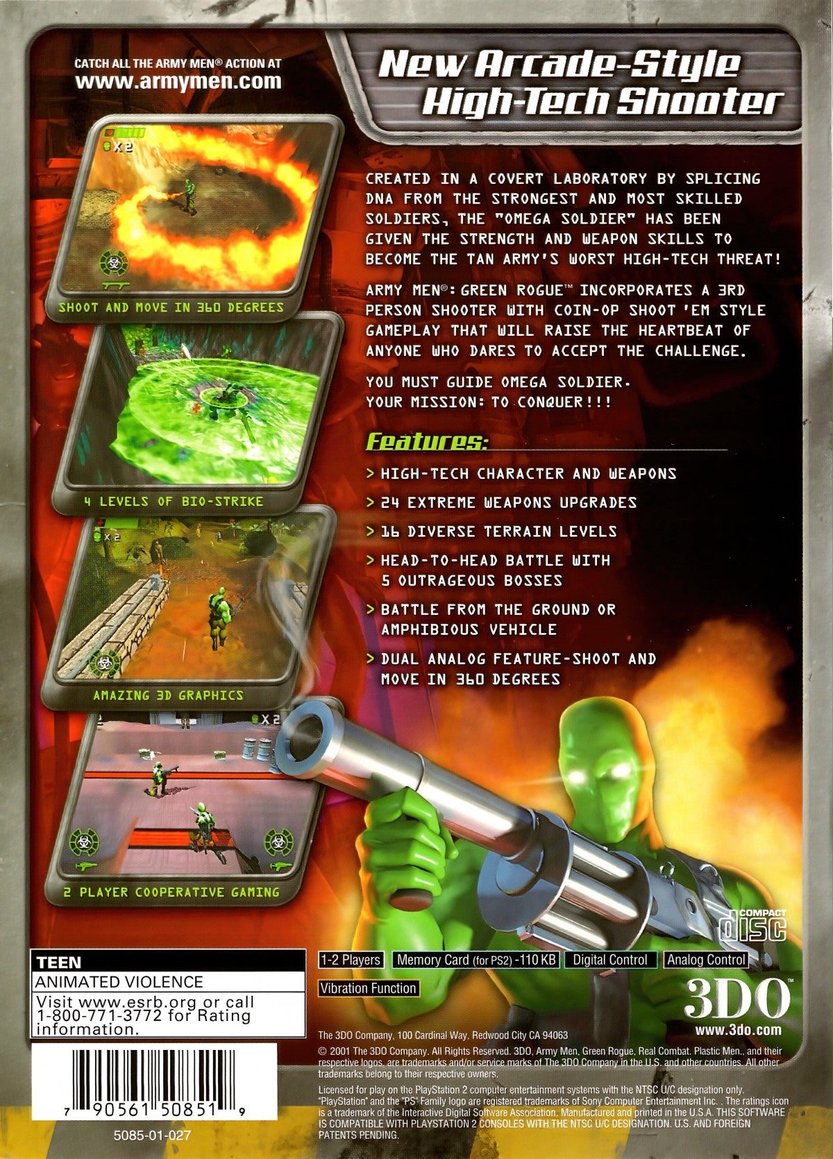 Army Men Green Rogue PS2 game for PlayStation 2 featuring run-and-gun arcade shooter action back cover art