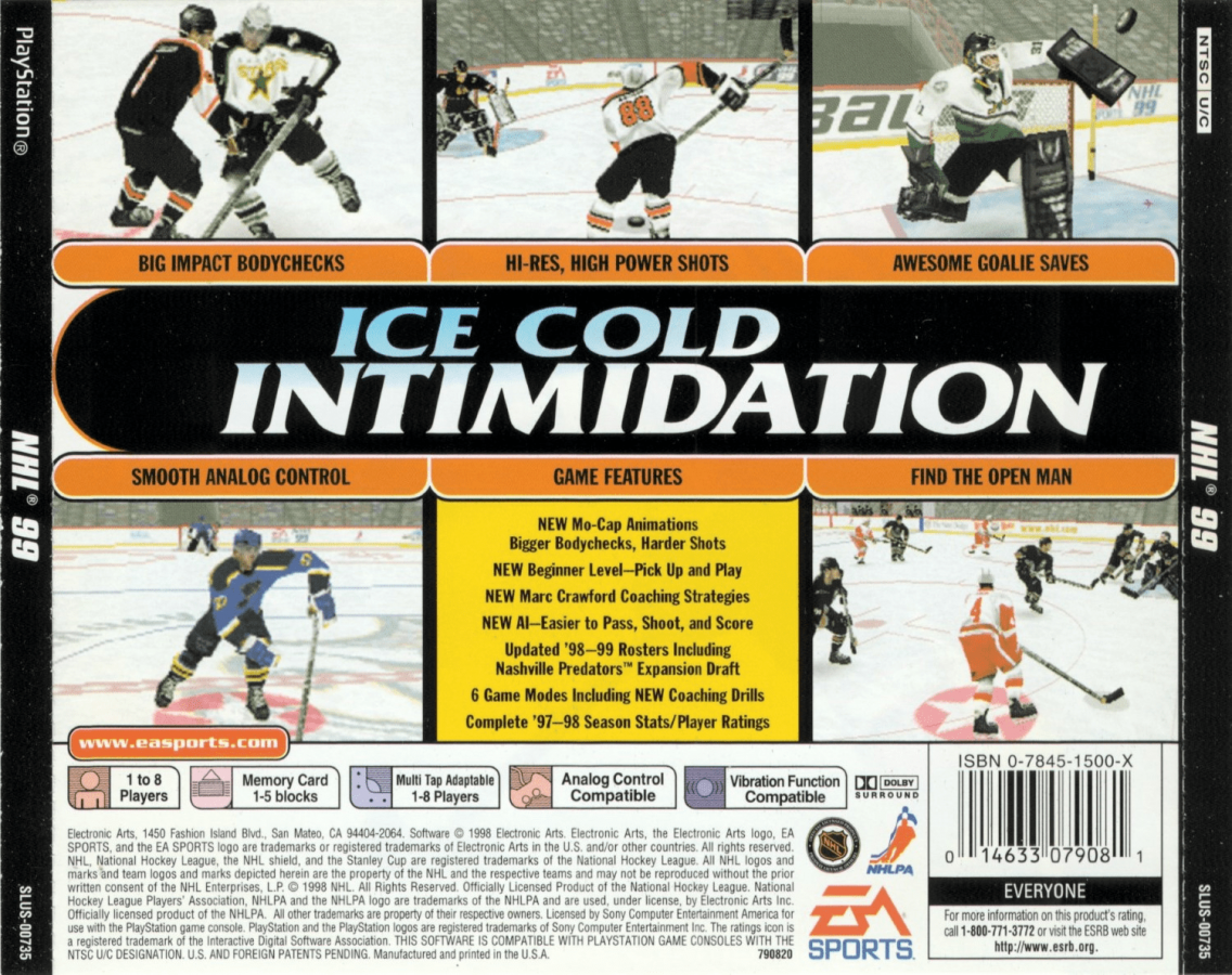 NHL 99 back of case for PlayStation 1 (PS1) retro ice hockey video game