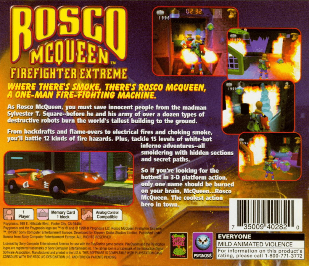 Rosco McQueen: Firefighter Extreme back of case for PlayStation 1 (PS1) action video game