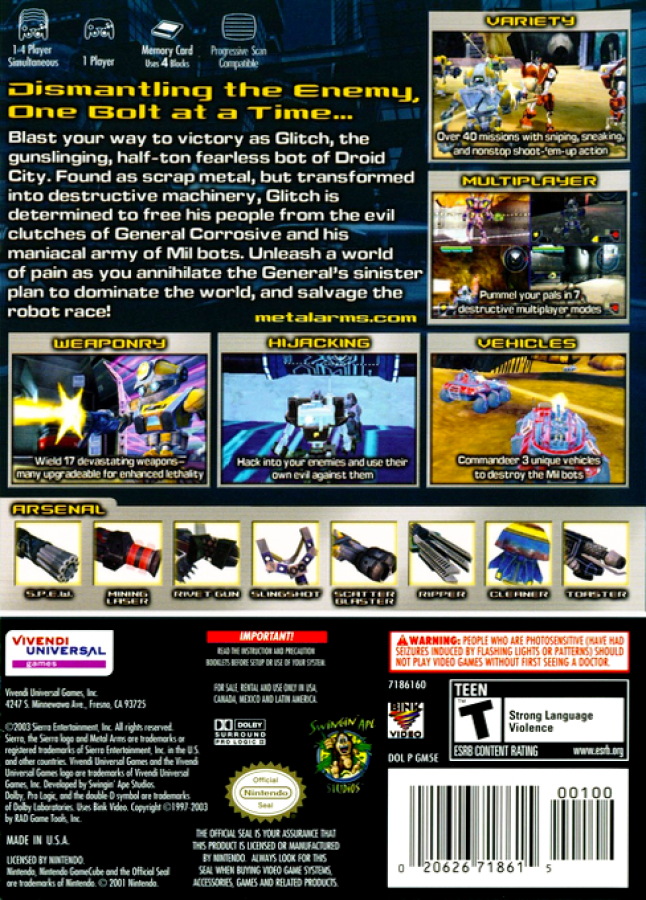 Metal Arms: Glitch in the System back of case for GameCube (GC) third-person shooter action video game