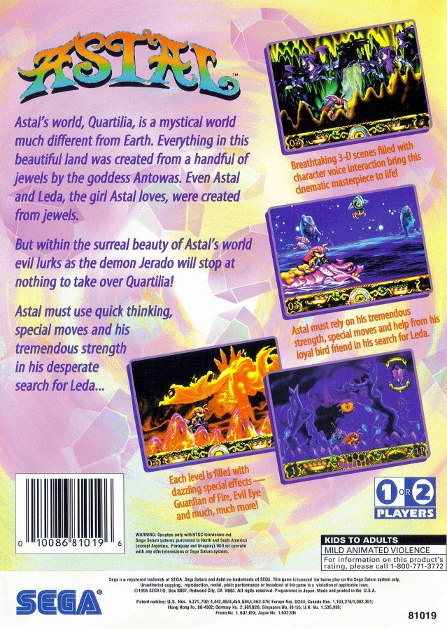Astal Sega Saturn side scrolling platformer action game colorful hand drawn graphics fantasy adventure Sega AM1 character Astal platforming combat retro Saturn game Sega Saturn software video game title back cover