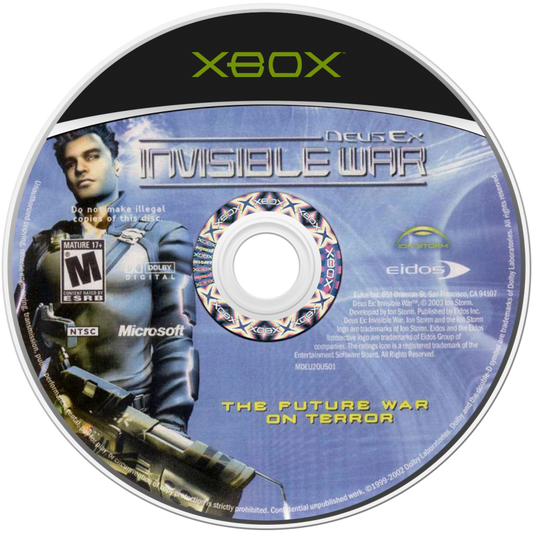 Deus Ex: Invisible War retro Xbox video game Deus Ex Invisible War cyberpunk immersive sim first person action RPG stealth hacking story driven futuristic gameplay console title Xbox release disc