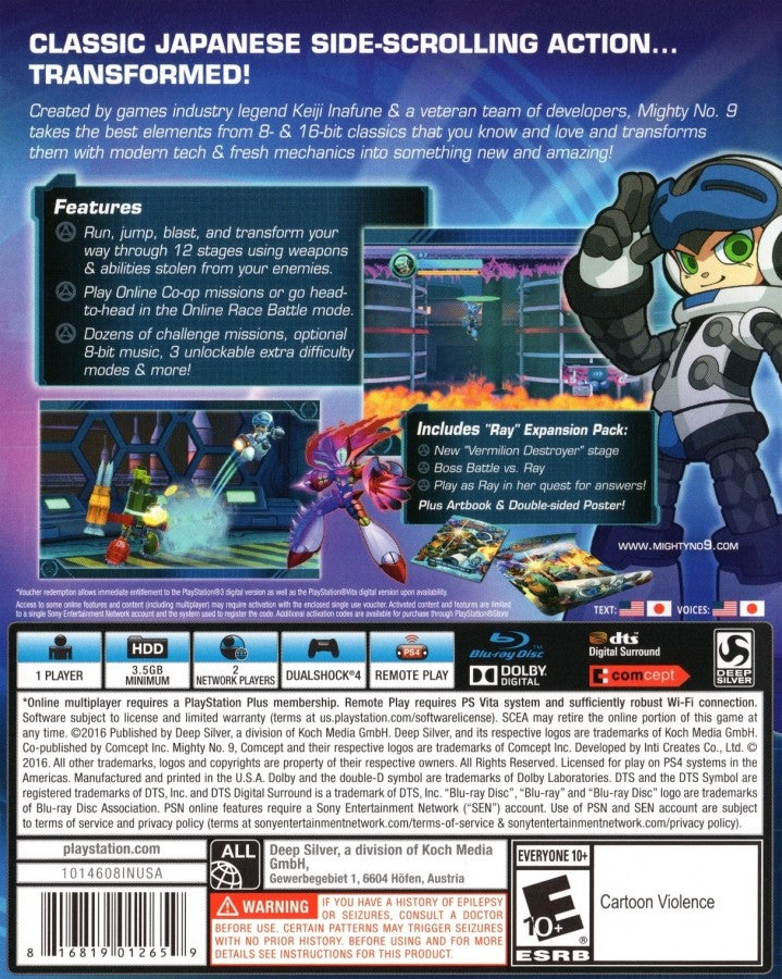 Mighty No. 9 – PlayStation 4 (PS4) video game back of case, action platformer game