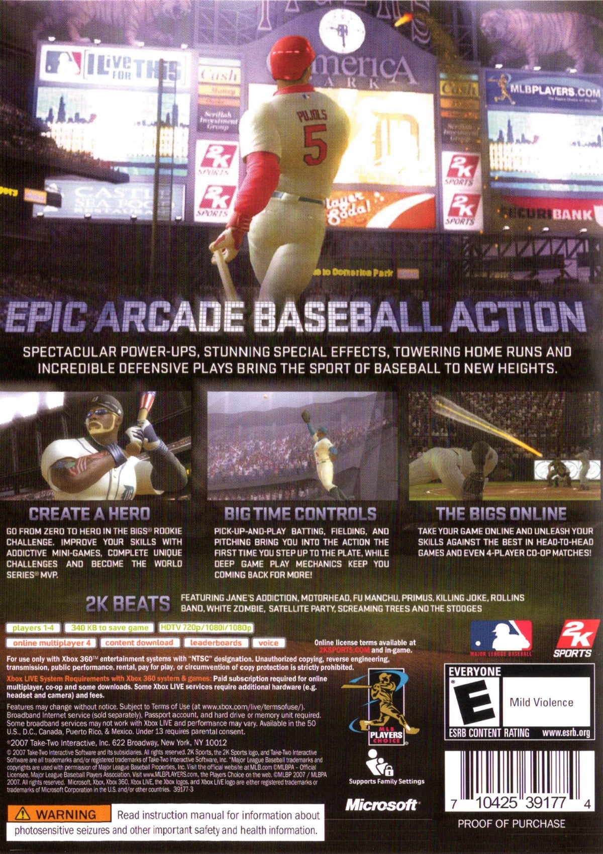 The Bigs Xbox 360 arcade style baseball game featuring over the top power hitting exaggerated player abilities MLB teams and athletes Home Run Pinball mode career mode fast paced gameplay and colorful stadium action by 2K Sports back cover