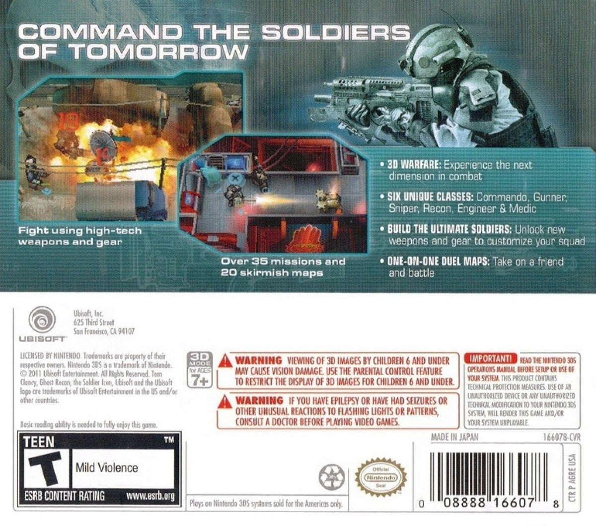 Tom Clancys Ghost Recon Shadow Wars Nintendo 3DS video game featuring tactical turn based strategy gameplay squad based combat military missions and Ubisoft handheld strategy title back cover