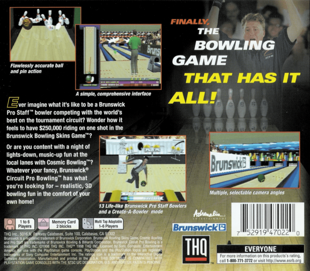 Brunswick Circuit Pro Bowling back of case for PlayStation 1 PS1 retro bowling video game