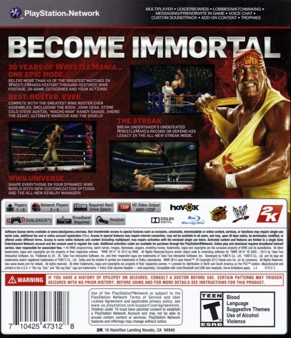 WWE 2K14 PlayStation 3 PS3 for retro video game enthusiasts featuring professional wrestling gameplay authentic WWE Superstars and Legends realistic ring action signature moves career and universe modes competitive multiplayer matches and collectible gaming appeal back cover