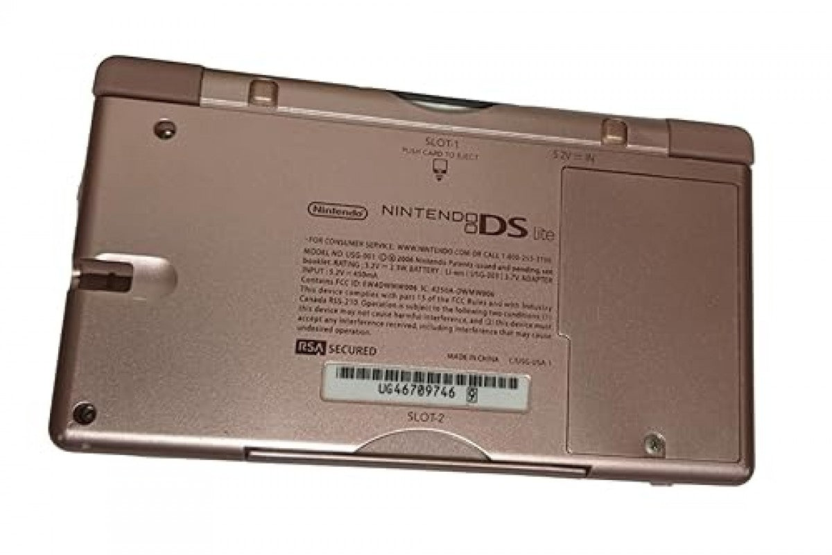 Rose Gold Nintendo DS Lite featuring dual screens, compact design, and elegant metallic finish back view of serial