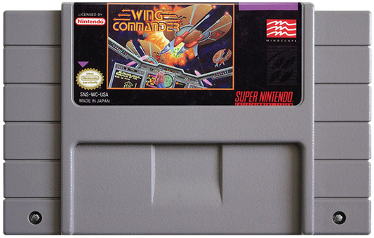 Wing Commander retro SNES video game Wing Commander sci fi space combat flight simulation interstellar warfare arcade style action gameplay console title Super Nintendo release cartridge