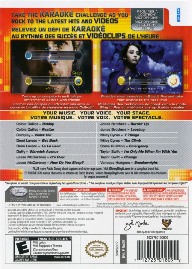 Disney Sing It: Pop Hits back cover art for Nintendo Wii (Wii) video game