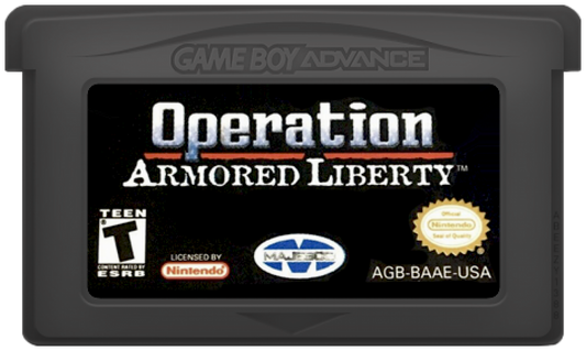 Operation Armored Liberty Game Boy Advance GBA cartridge for retro video game enthusiasts featuring military action gameplay side scrolling shooter mechanics tactical combat missions futuristic warfare setting explosive battlefield encounters and portable handheld arcade style gaming experience and collectible gaming appeal