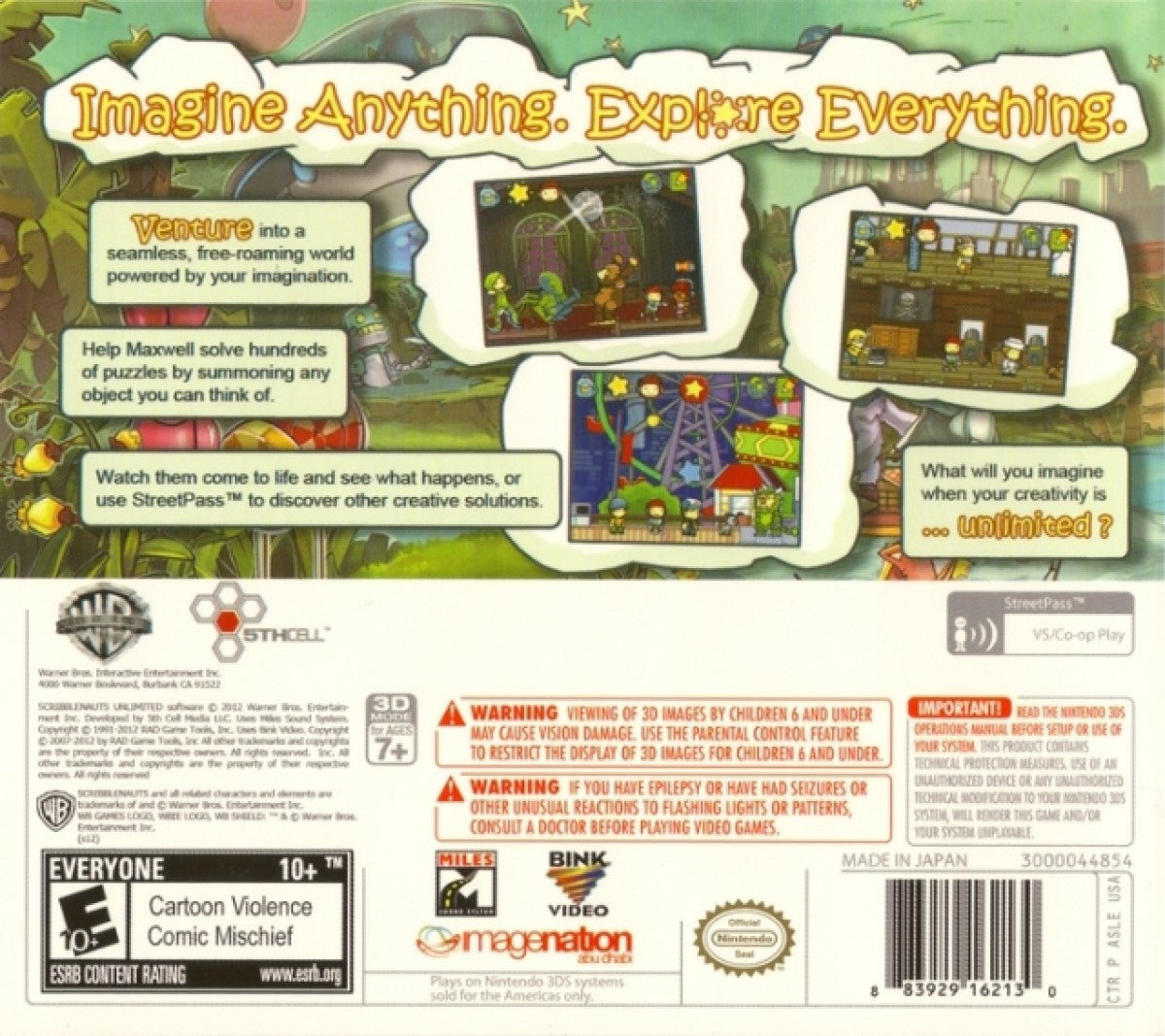 Scribblenauts Unlimited Nintendo 3DS game featuring puzzle adventure gameplay with open ended problem solving object creation mechanics and creative challenges using Maxwell’s magical notebook back cover
