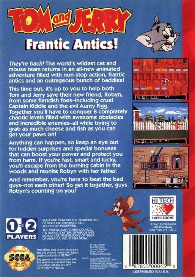 Tom and Jerry: Frantic Antics back cover art for Sega Genesis (GEN) video game