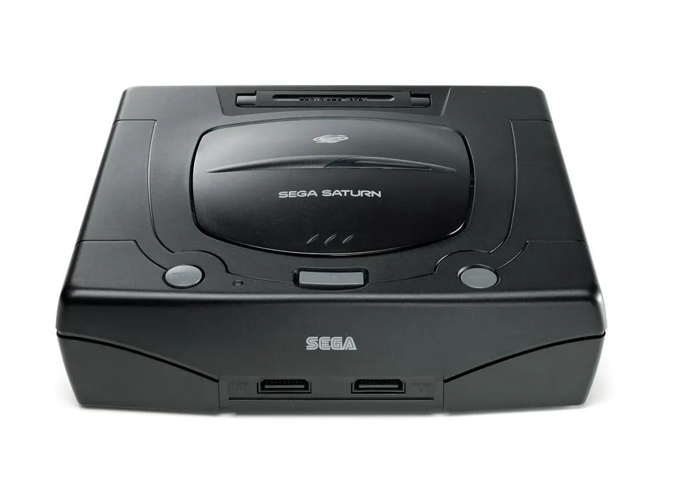 Sega Saturn console featuring classic 90s design and retro CD-based gaming system front view of ports