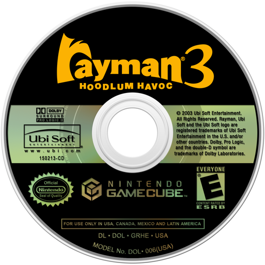 Rayman 3: Hoodlum Havoc retro GameCube video game Rayman 3 Hoodlum Havoc platform adventure cartoon style action colorful worlds classic 3D platformer console release disc