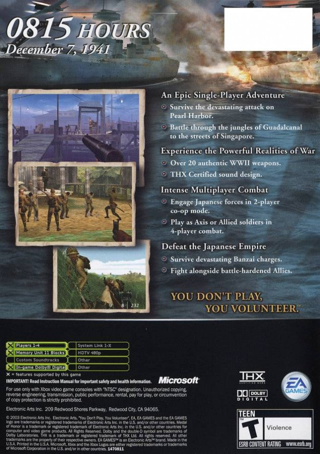 Medal of Honor Rising Sun Xbox Original game case featuring World War II action shooter back cover art
