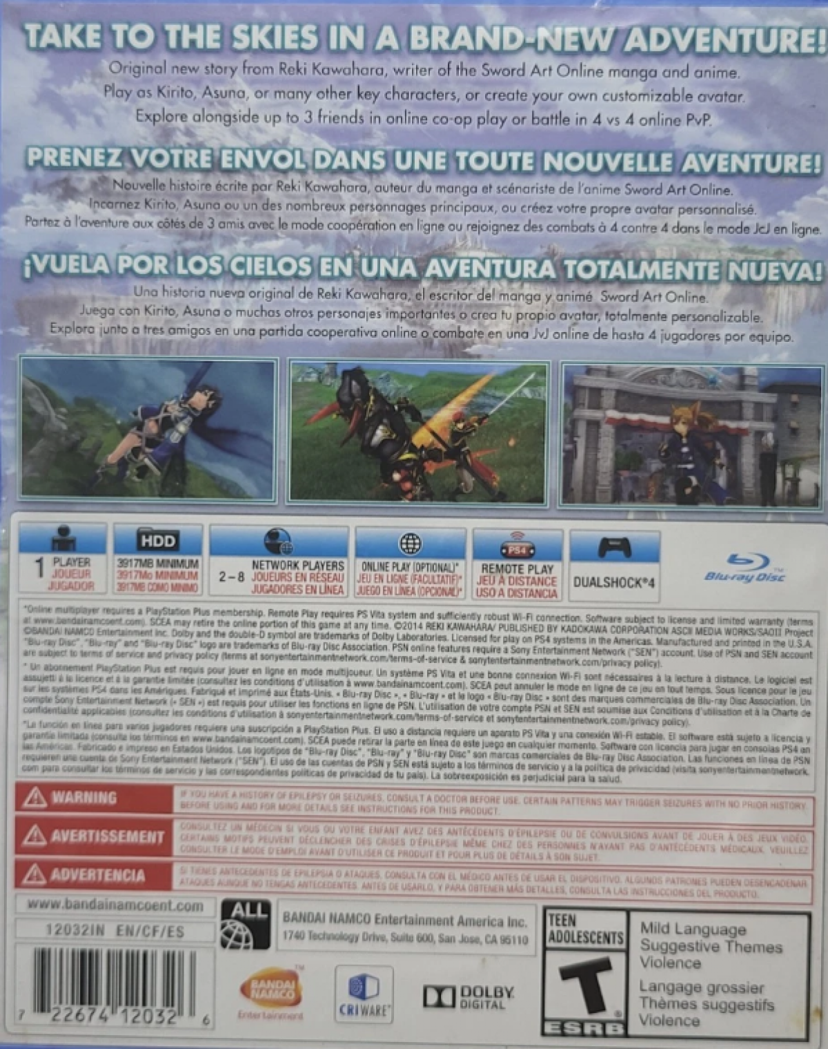 Sword Art Online: Lost Song – PlayStation 4 (PS4) video game back of case, action role-playing game