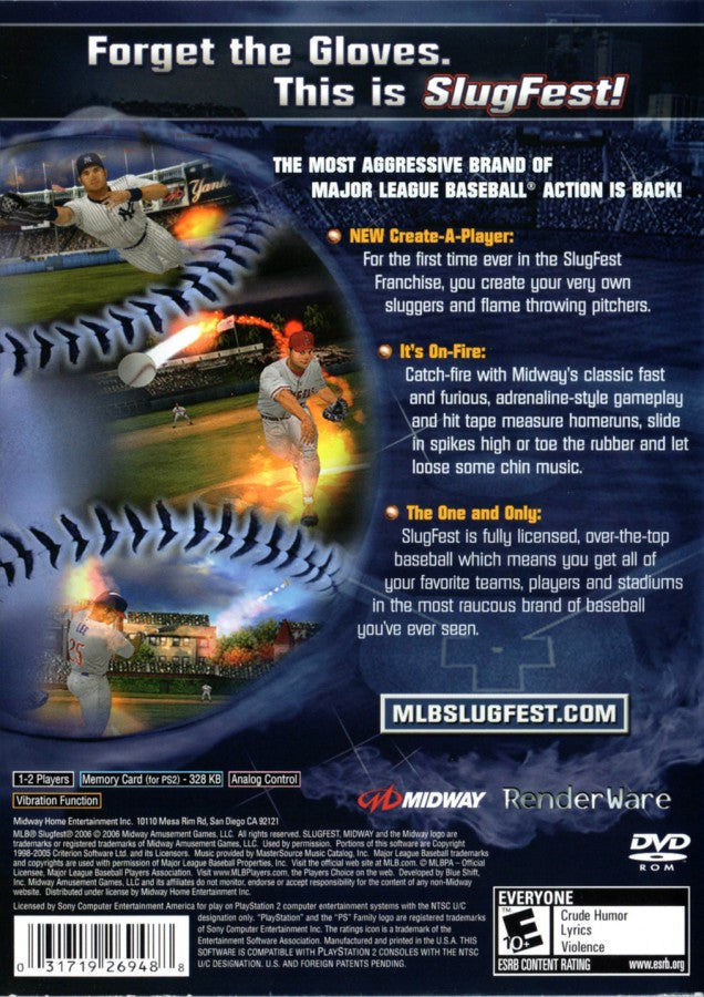 MLB SlugFest 2006 PlayStation 2 PS2 for retro video game enthusiasts featuring arcade style baseball gameplay over the top sports action exaggerated power hits fast paced multiplayer competition authentic MLB teams and players and collectible gaming appeal back cover art