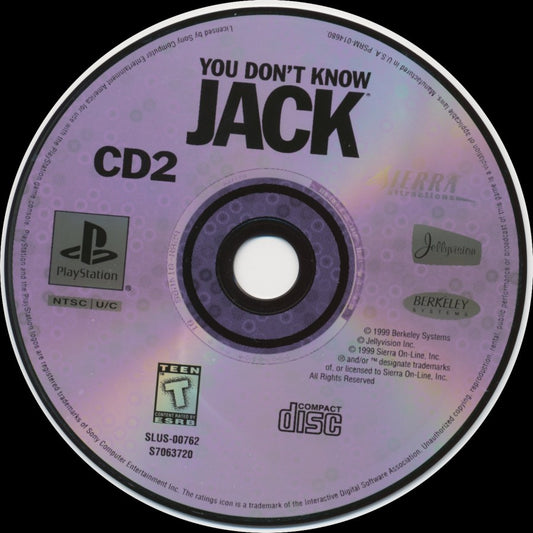 You Don't Know Jack disc cover art for PlayStation 1 (PS1) quiz video game.