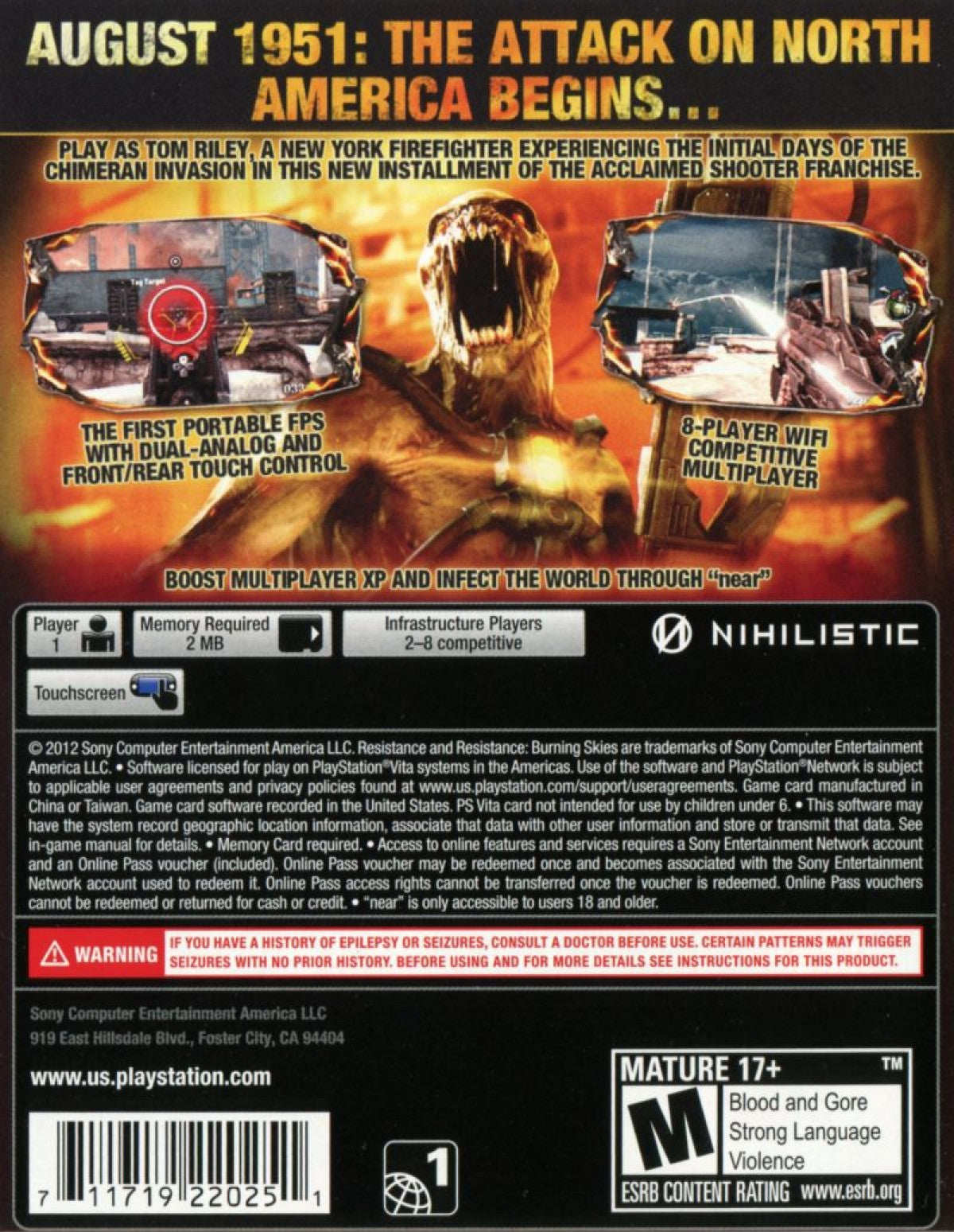 Resistance: Burning Skies back cover art for Playstation VITA (VITA) video game