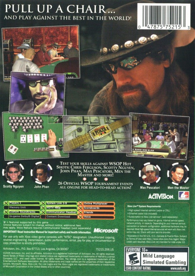 World Series of Poker for Xbox featuring realistic Texas Hold’em poker gameplay official WSOP branding authentic tournament structures professional player likenesses casino environments and multiplayer modes for competitive card gaming enthusiasts back cover