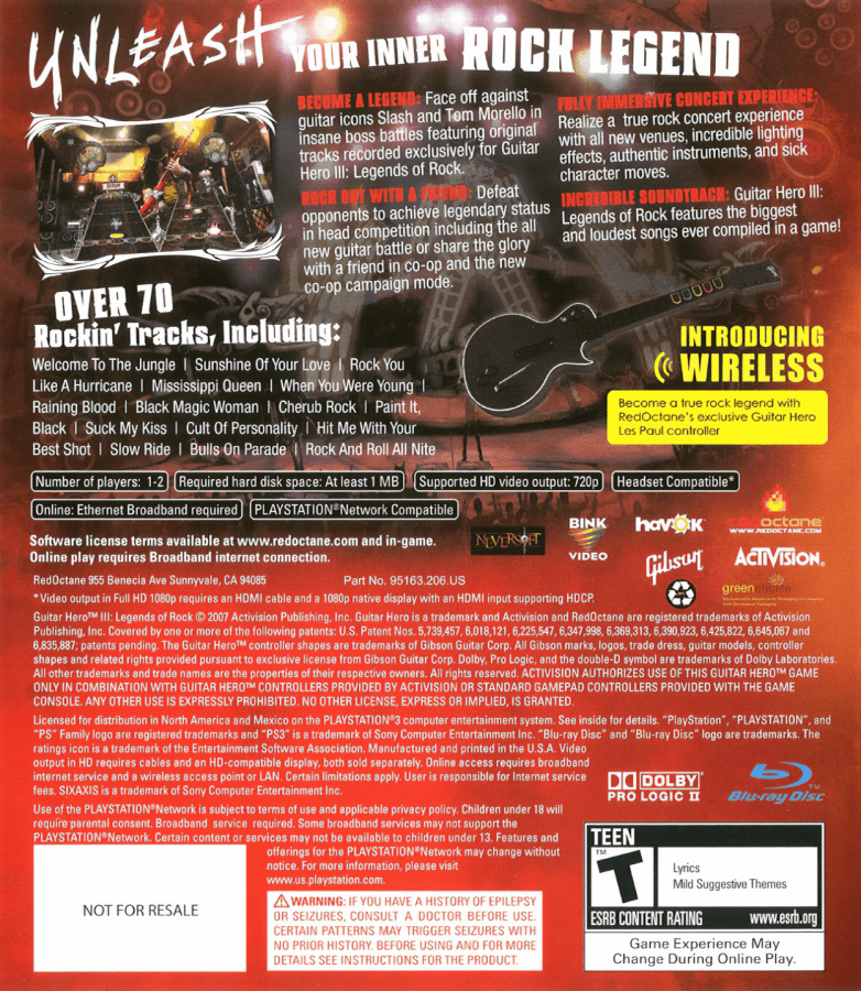 Guitar Hero III: Legends of Rock back cover art for PlayStation 3 (PS3) video game