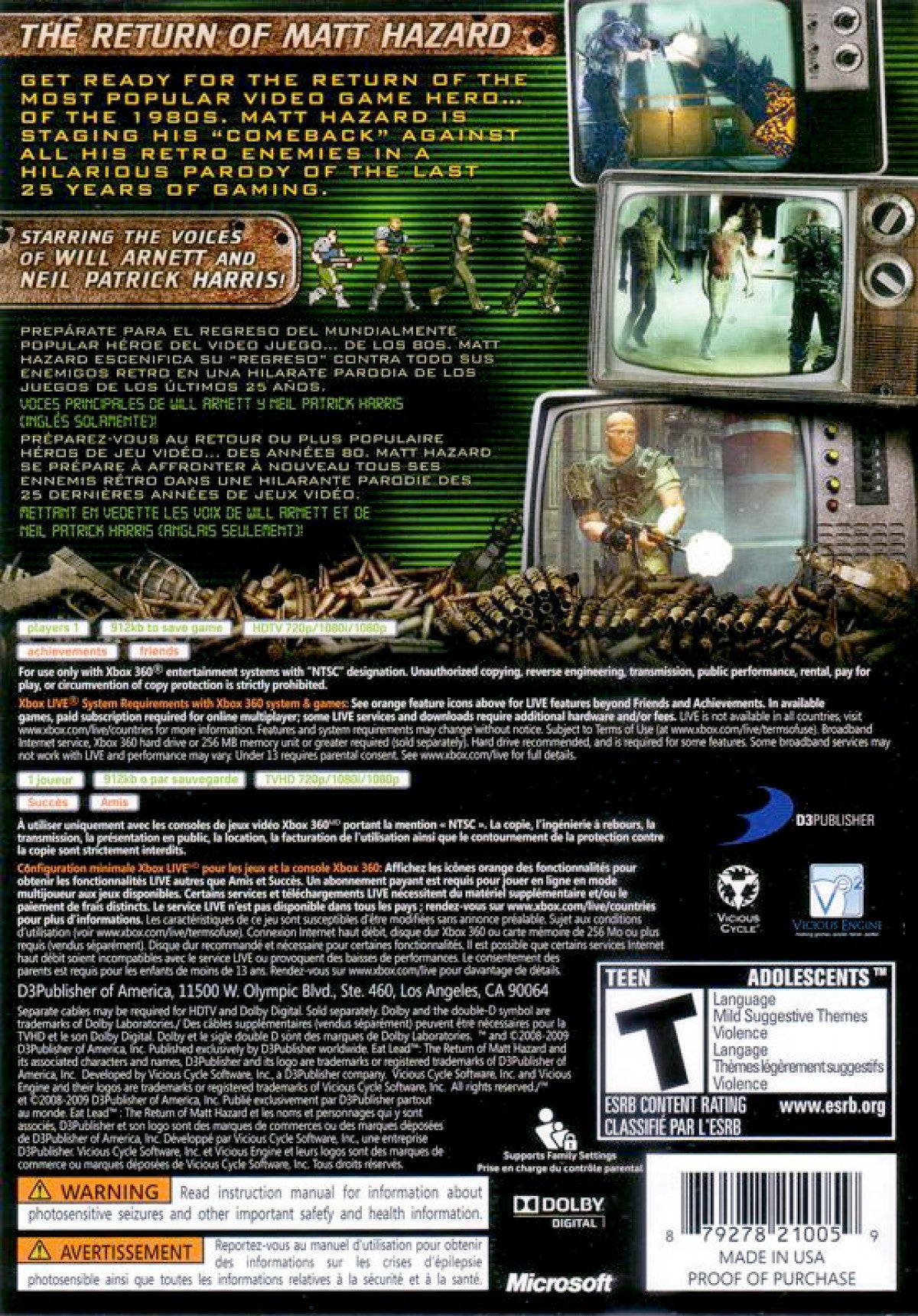 Eat Lead The Return of Matt Hazard Xbox 360 game featuring third-person shooter action comedy storyline voice acting by Will Arnett explosive gunplay boss battles and single player campaign gameplay back cover