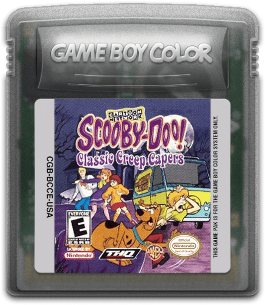 Scooby Doo Classic Creep Capers for Game Boy Color, cartridge for an adventure puzzle video game with mystery-solving gameplay, exploration, cartoon-style characters, and story-driven challenges