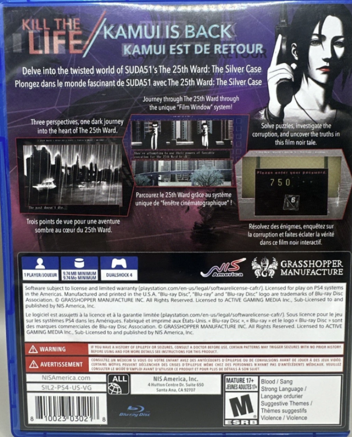 The 25th Ward: Silver Case – PlayStation 4 (PS4) video game back of case, visual novel adventure