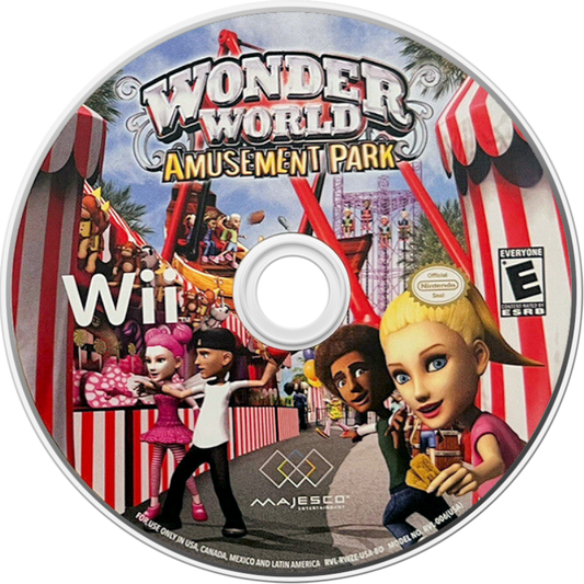 Wonder World Amusement Park disc art for Nintendo Wii (Wii) featuring carnival‑style mini‑games, colorful rides, and family‑friendly attractions in a whimsical theme park setting.