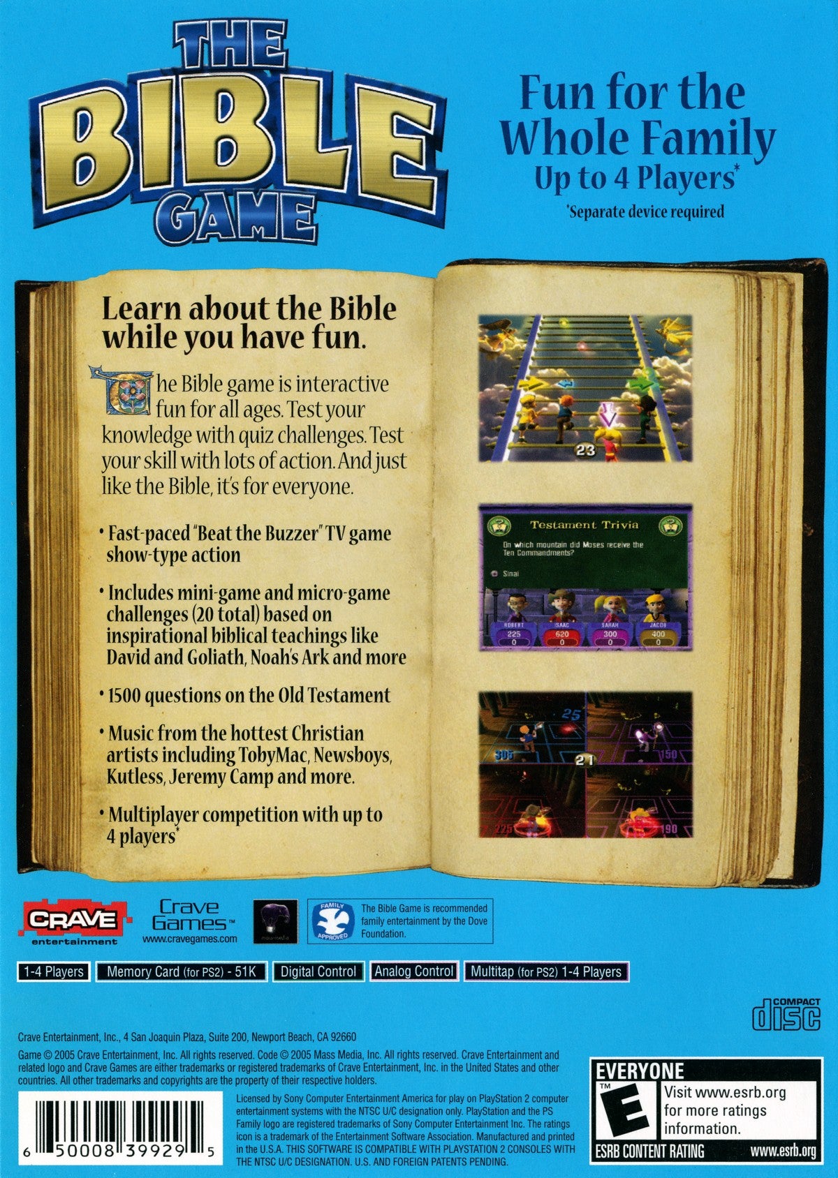 The Bible Game PS2 Sony PlayStation 2 party trivia game Christian themed quiz mini games family friendly Bible stories questions board game style gameplay multiplayer casual educational entertainment retro gaming PlayStation 2 software video game title back cover art