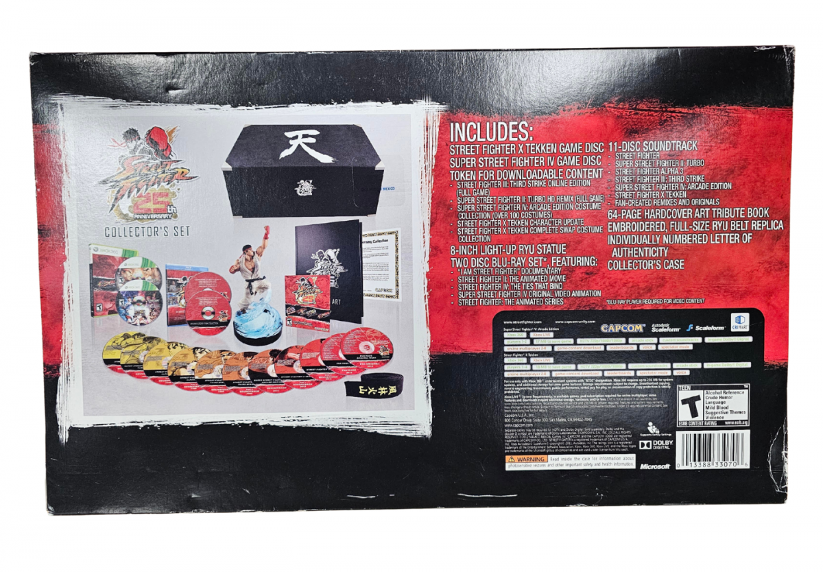 Street Fighter 25th Anniversary Collector's Set Xbox 360 X360 fighting game collection featuring classic Street Fighter games iconic fighters Ryu Ken Chun Li Guile intense arcade battles special moves multiplayer competition multiple Street Fighter titles and collectible anniversary edition gaming appeal box back art