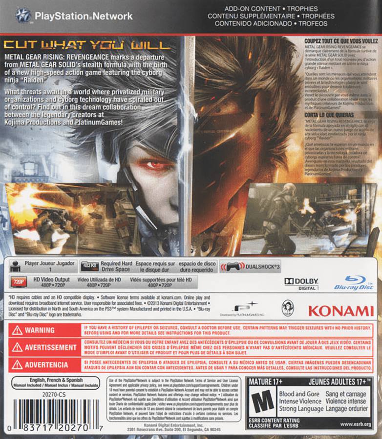 Metal Gear Rising: Revengeance PS3 action video game back cover art.