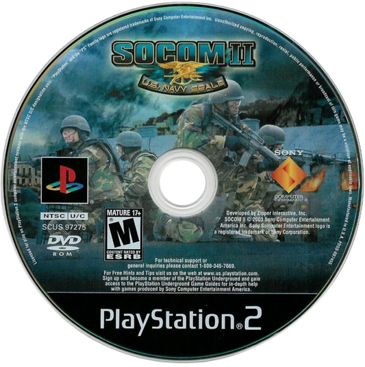 SOCOM II: U.S. Navy Seals – PlayStation 2 (PS2) video game disc, tactical shooter.
