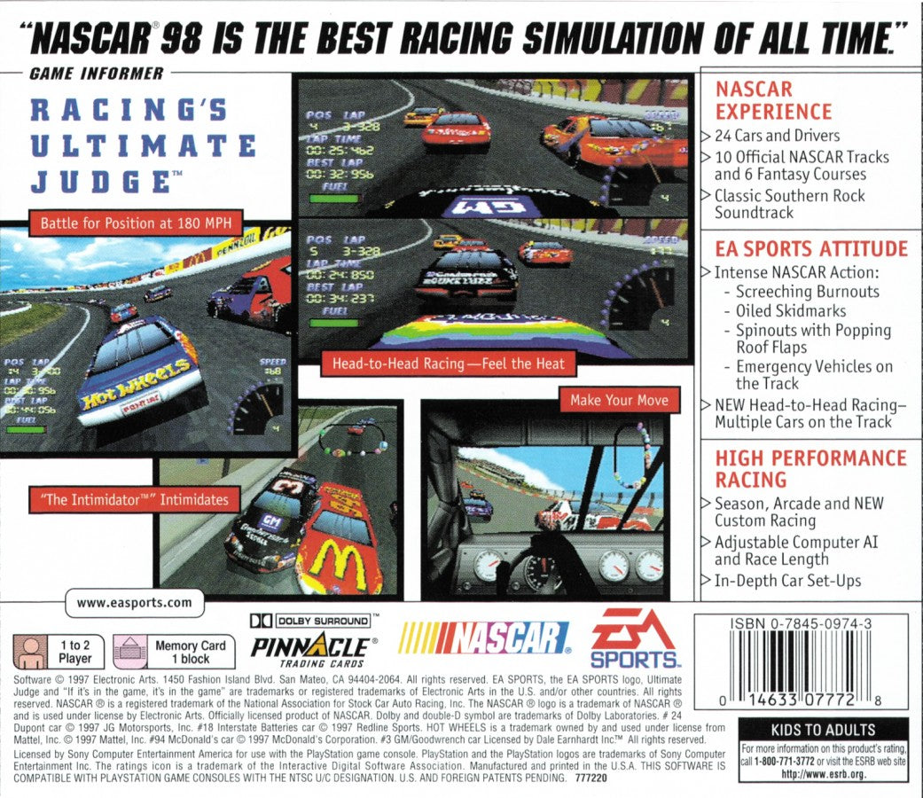 NASCAR 98 for PlayStation 1 racing sports video game featuring official NASCAR teams and drivers, realistic oval track racing, arcade and simulation modes, and classic console stock car experience back cover