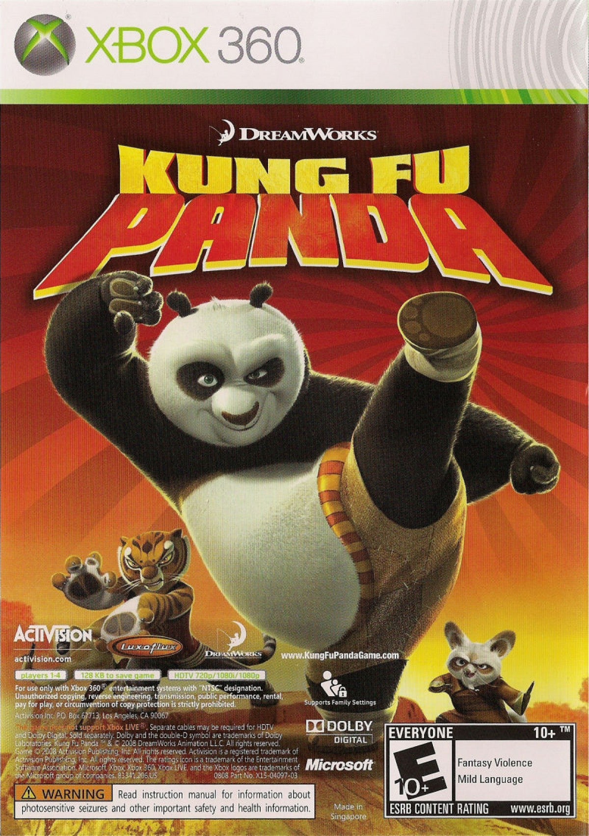 Kung Fu Panda and LEGO Indiana Jones The Original Adventures Combo Pack game for the Xbox 360 featuring two family friendly titles with action adventure gameplay including LEGO style puzzle platforming as Indiana Jones and martial arts combat as Po with cooperative play and story driven levels across both games back cover